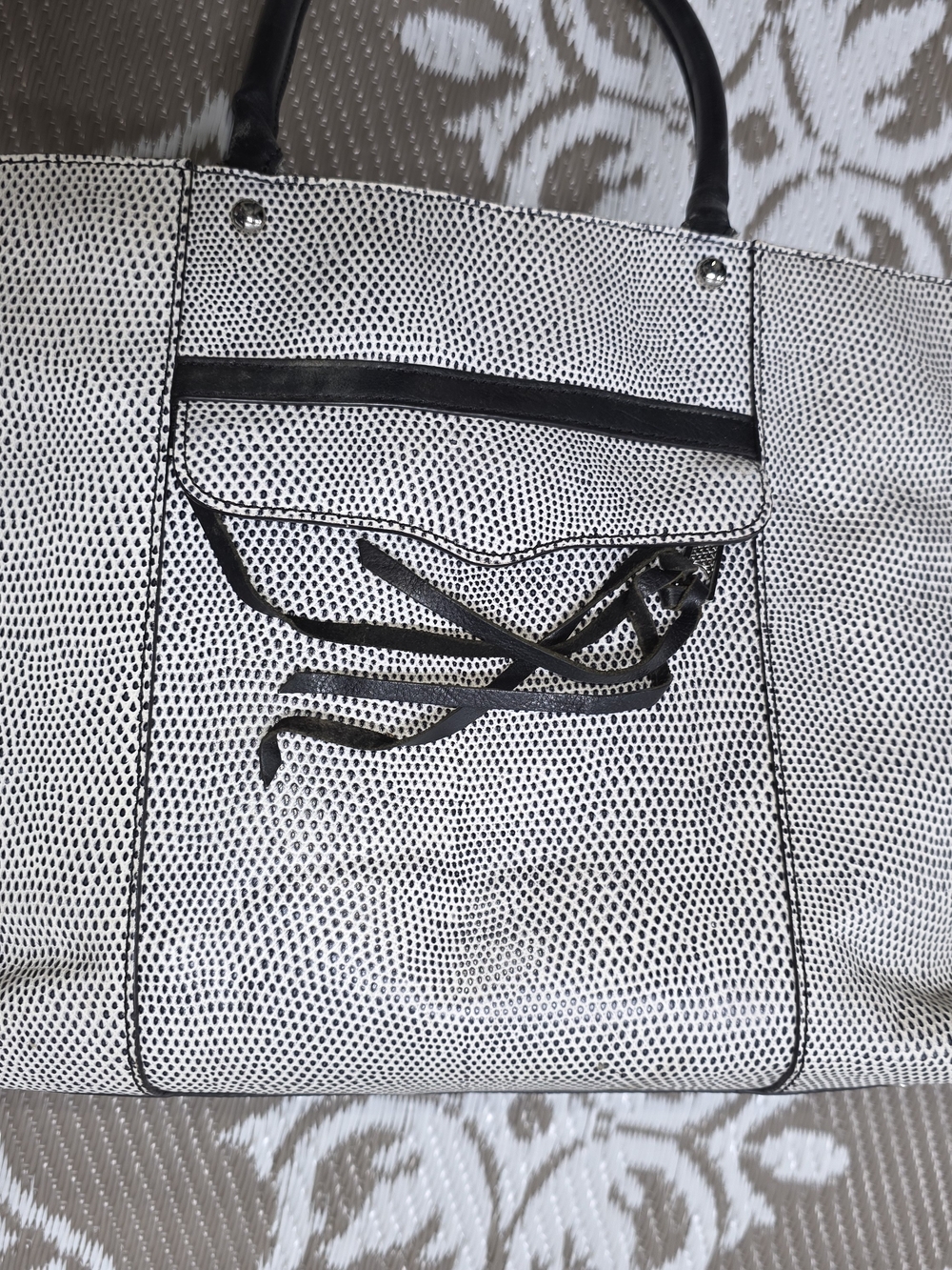 Rebecca Minkoff Black and White Dot-Print Laptop Tote with Tassel